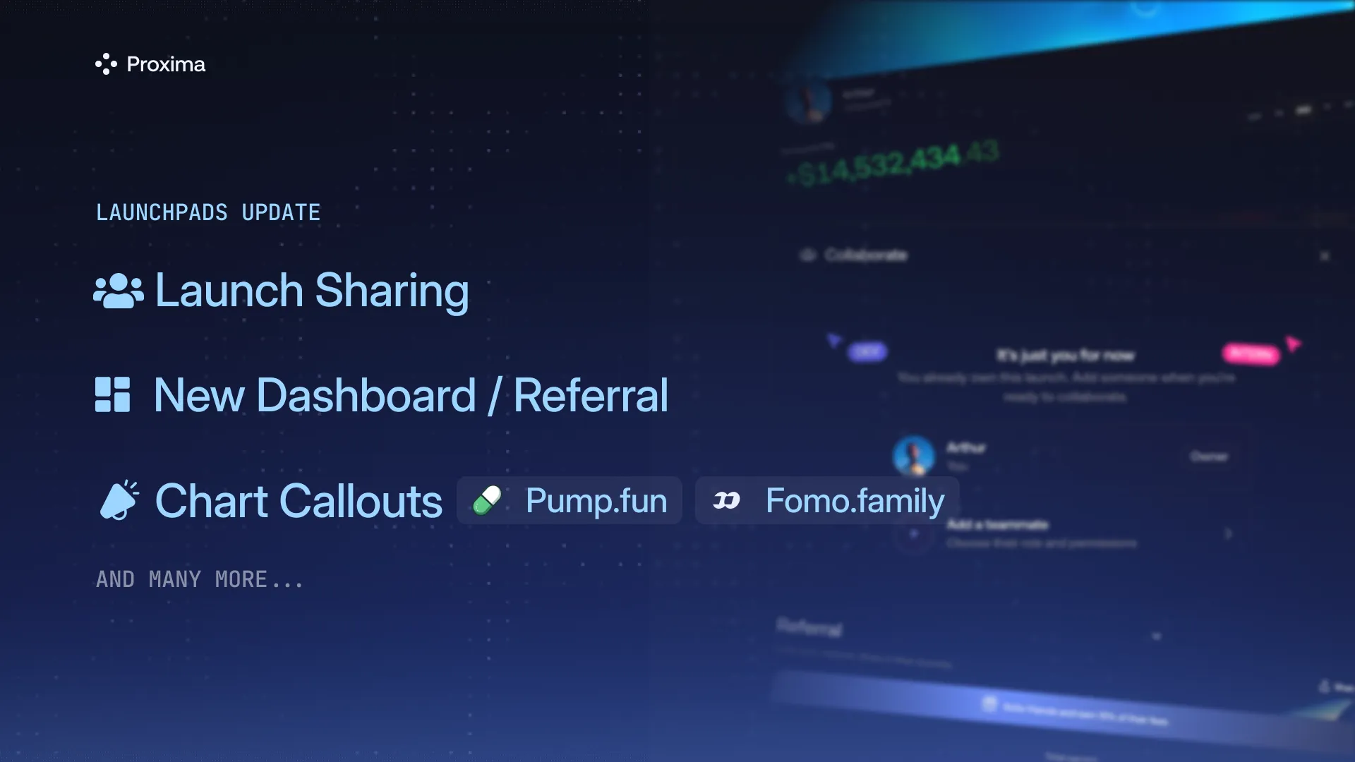 Proxima update featuring Launch Sharing, Account Dashboard, Referrals and Chart Callouts